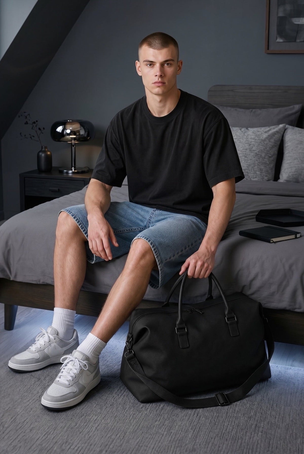 Mann trägt eine schwarze Crossbody Bag, praktisch mit mehreren Fächern, ideal für alltägliche Nutzung oder Wochenend-Trips.