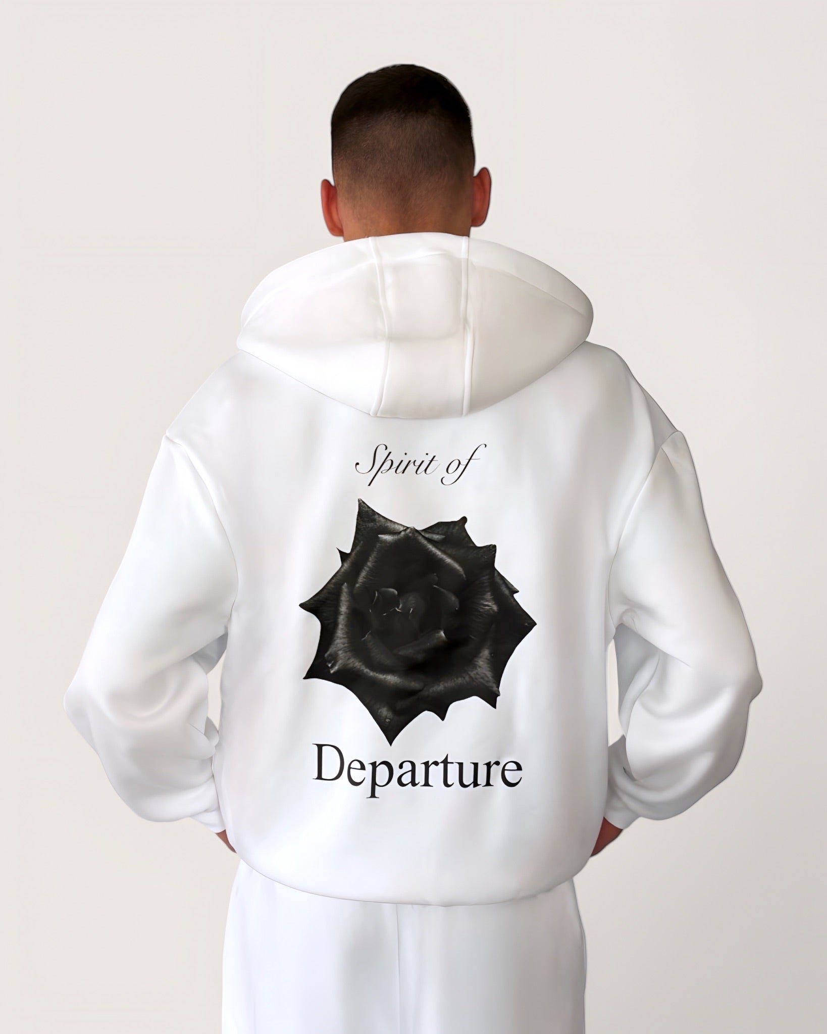 Weißer Zip Hoodie mit schwarzer Rose als großen Backprint und weißem Logostick vorne, Zip Hoodie von Spirit of Departure, Streetwear für Herren von Spirit of Departure, Zip Hoodie in white von der Black & White Roses Collection, dicker Stoff, high quality