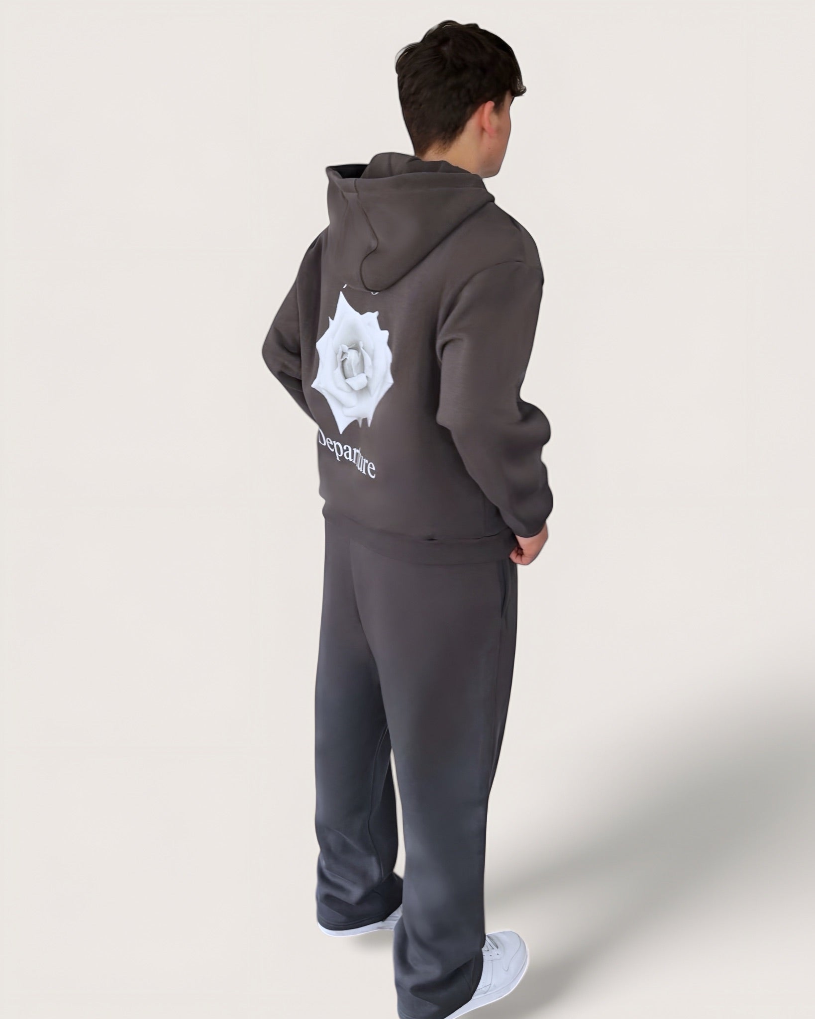 Dunkelgrauer Zip Hoodie mit weißer Rose als großen Backprint und weißem Logostick vorne, Zip Hoodie von Spirit of Departure, Streetwear für Herren von Spirit of Departure, Zip Hoodie in Graphite von der Black & White Roses Collection, dicker Stoff, high quality