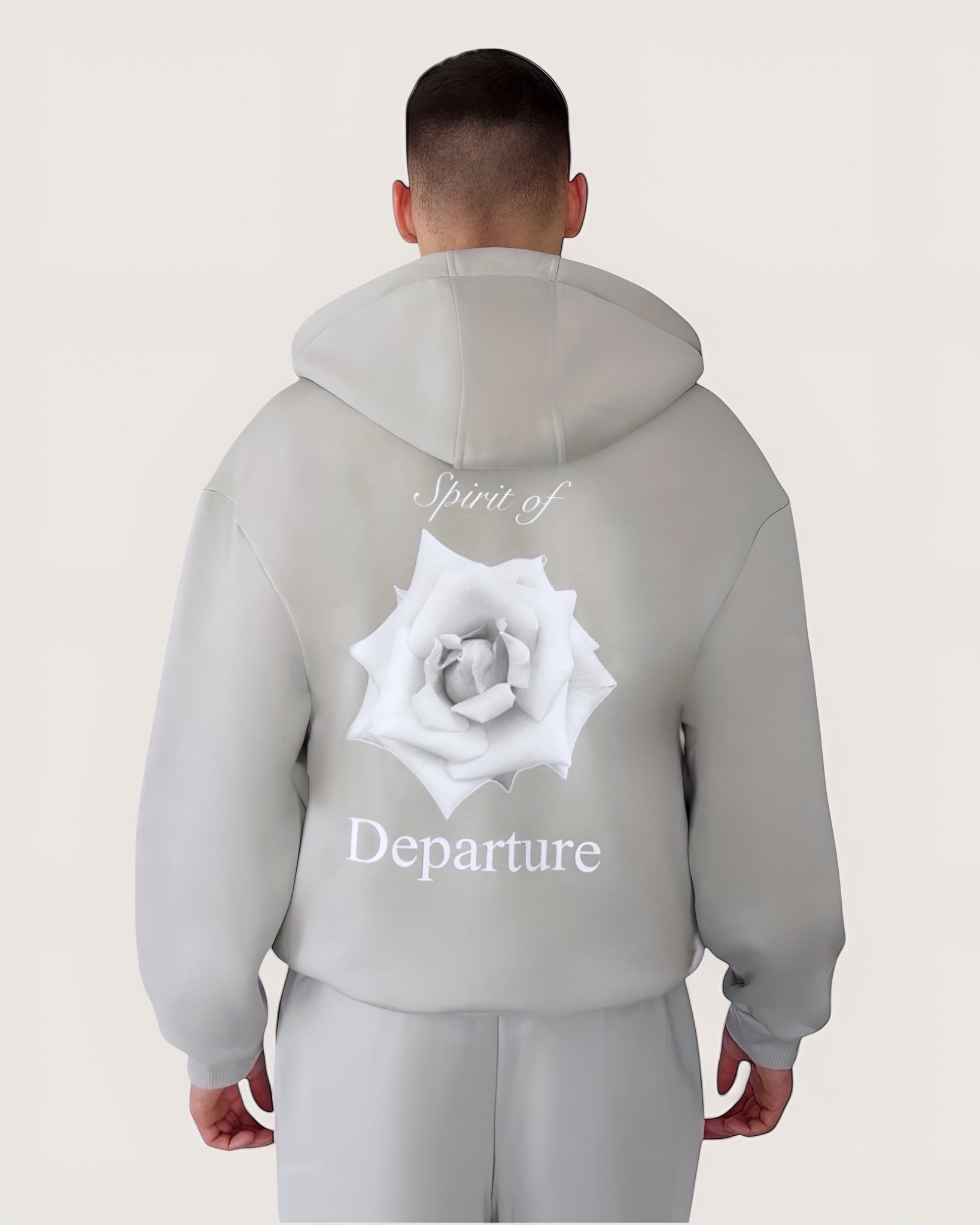 Hellgrauer Zip Hoodie mit weißer Rose als großen Backprint und weißem Logostick vorne, Zip Hoodie von Spirit of Departure, Streetwear für Herren von Spirit of Departure, Zip Hoodie in Light Grey von der Black & White Roses Collection, dicker Stoff, high quality