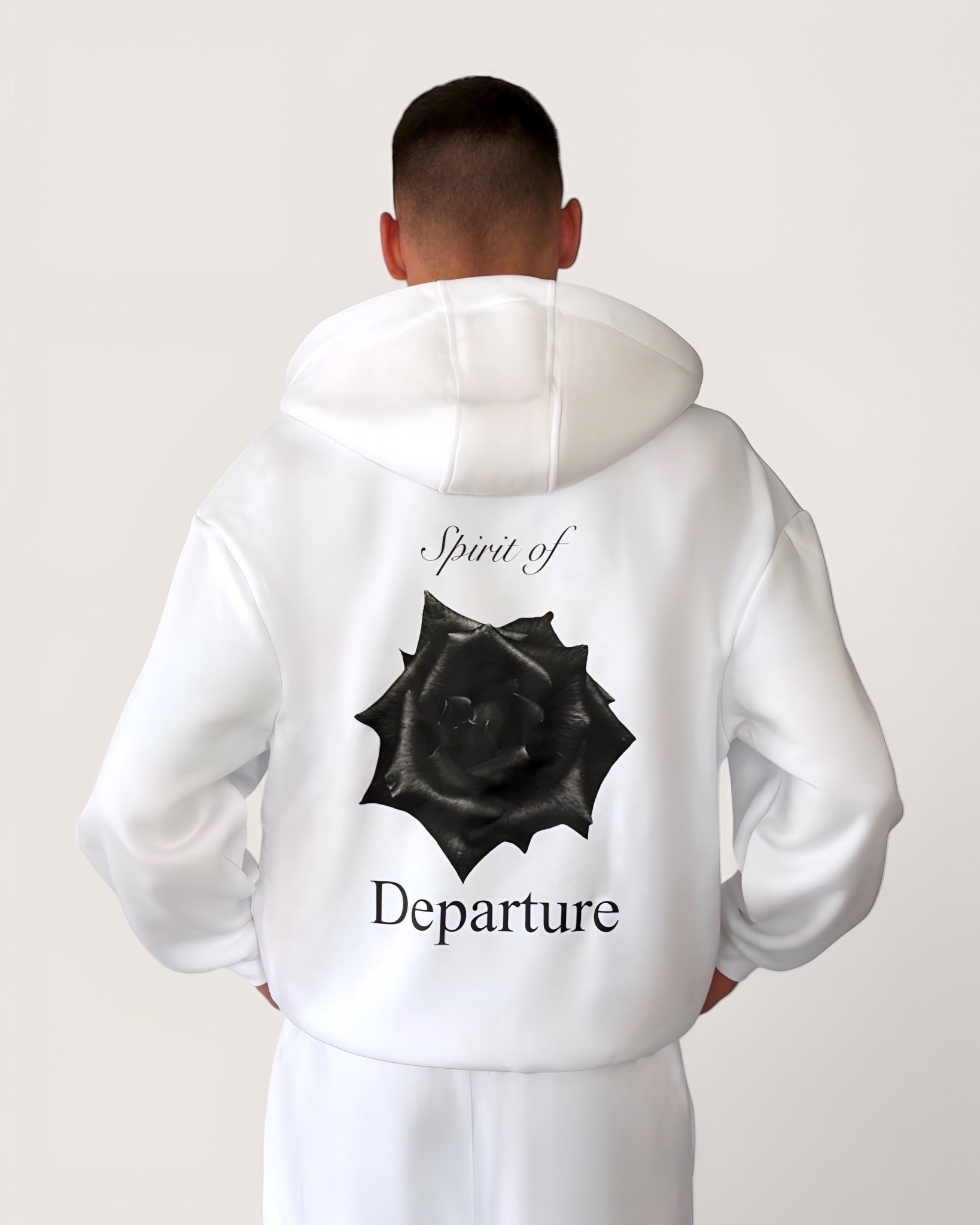 Weißer Zip Hoodie mit schwarzer Rose als großen Backprint und weißem Logostick vorne, Zip Hoodie von Spirit of Departure, Streetwear für Herren von Spirit of Departure, Zip Hoodie in white von der Black & White Roses Collection, dicker Stoff, high quality