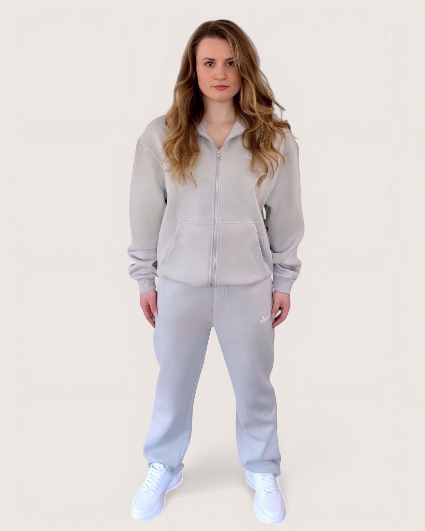 Heavy Essential Zip Hoodie | Light Grey worn by model, featuring oversized fit and metal zipper detail.