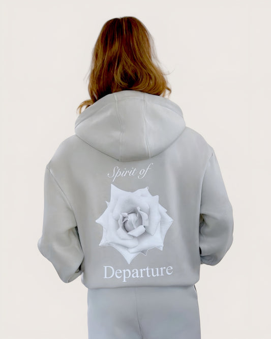 Hellgrauer Zip Hoodie mit weißer Rose als großen Backprint und weißem Logostick vorne, Kuscheliger Zipper, Cozy Zipper,  Zip Hoodie von Spirit of Departure, Streetwear für Damen von Spirit of Departure, Zip Hoodie in Light Grey von der Black & White Roses Collection, dicker Stoff, high quality, Streetwear for Women von SOD